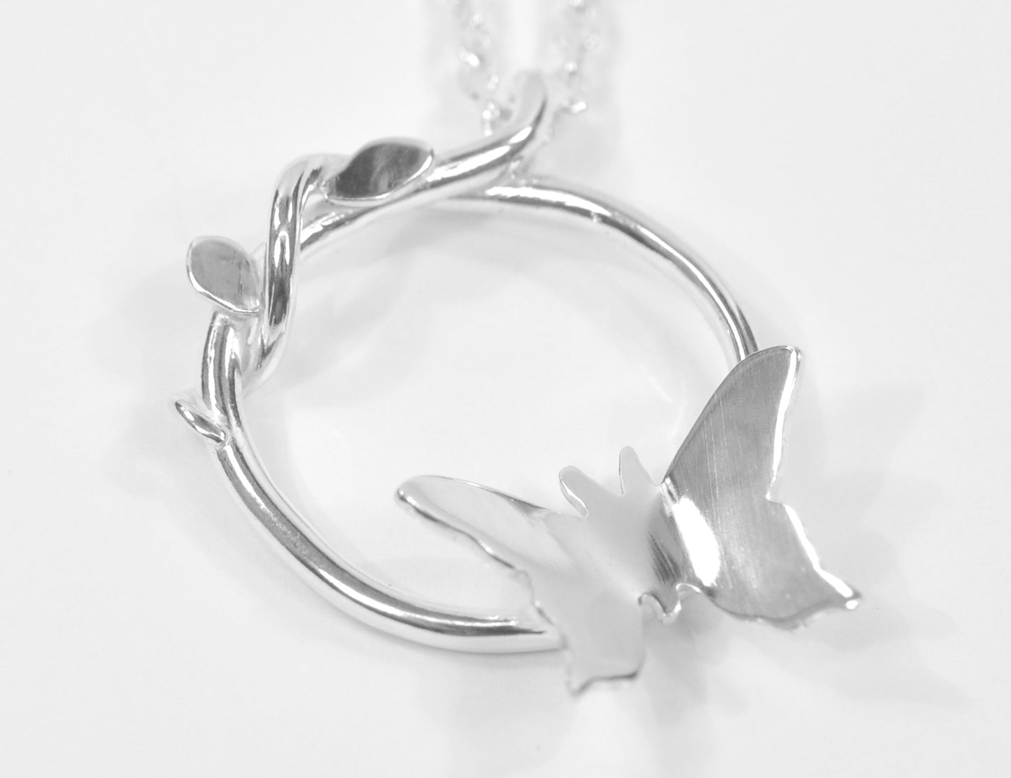 Silver Butterfly Vine Circle Pendant