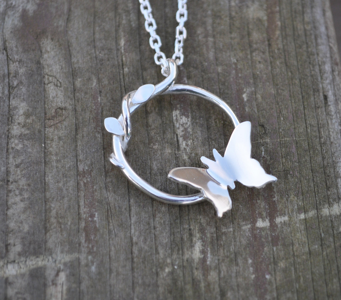 Silver Butterfly Vine Circle Pendant