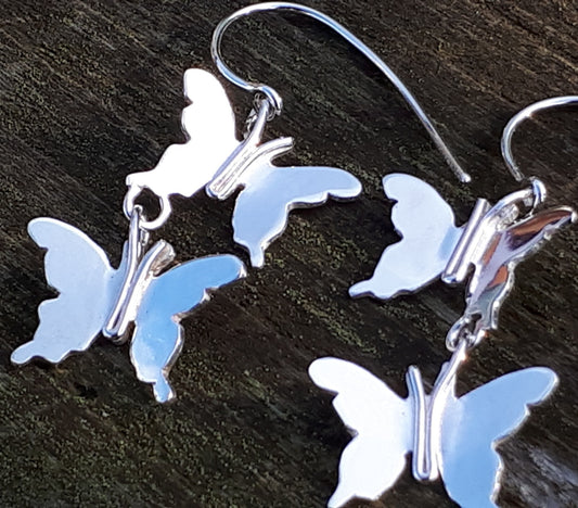 Silver Double Butterfly Dangle Earrings