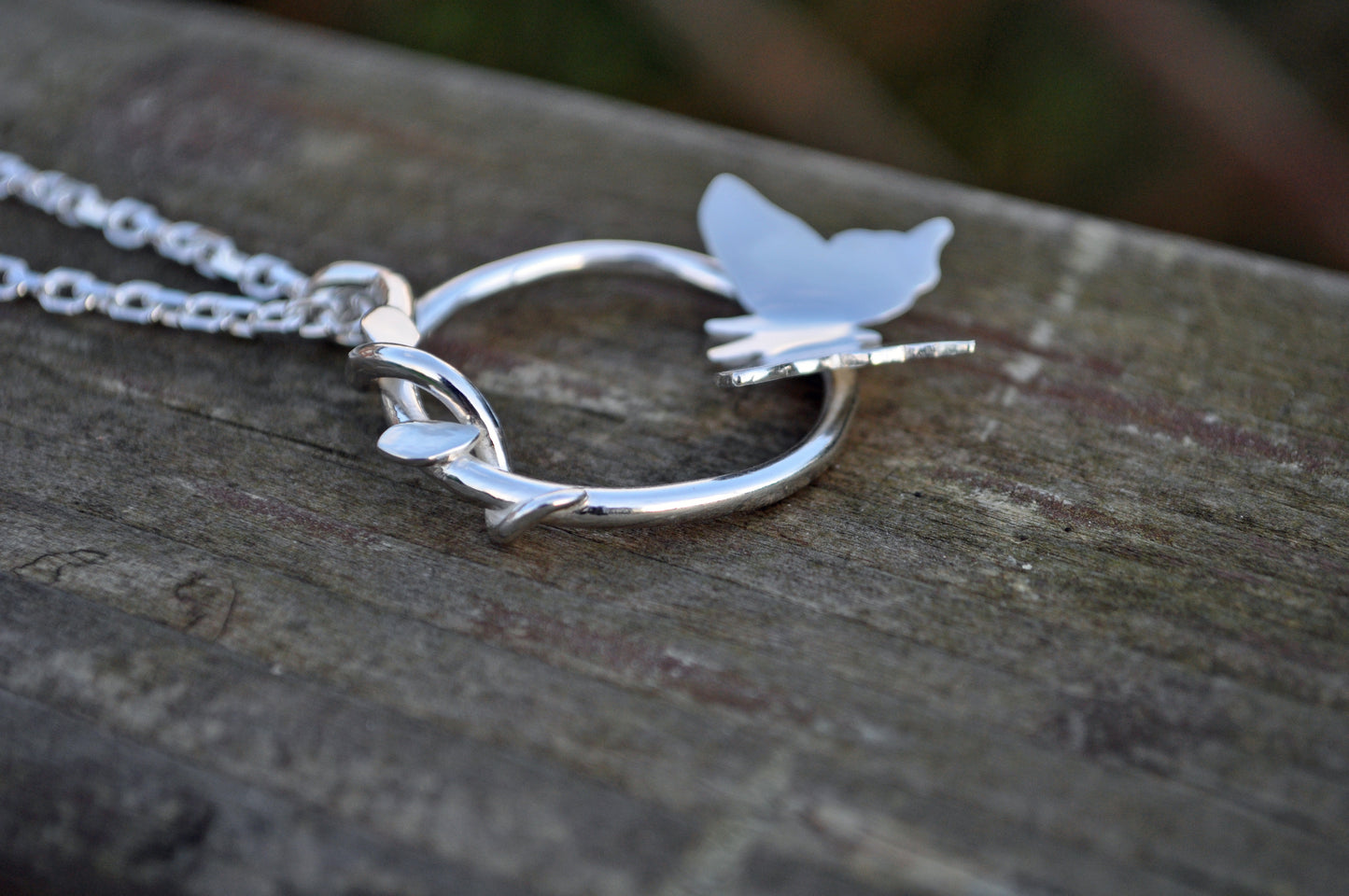 Silver Butterfly Vine Circle Pendant