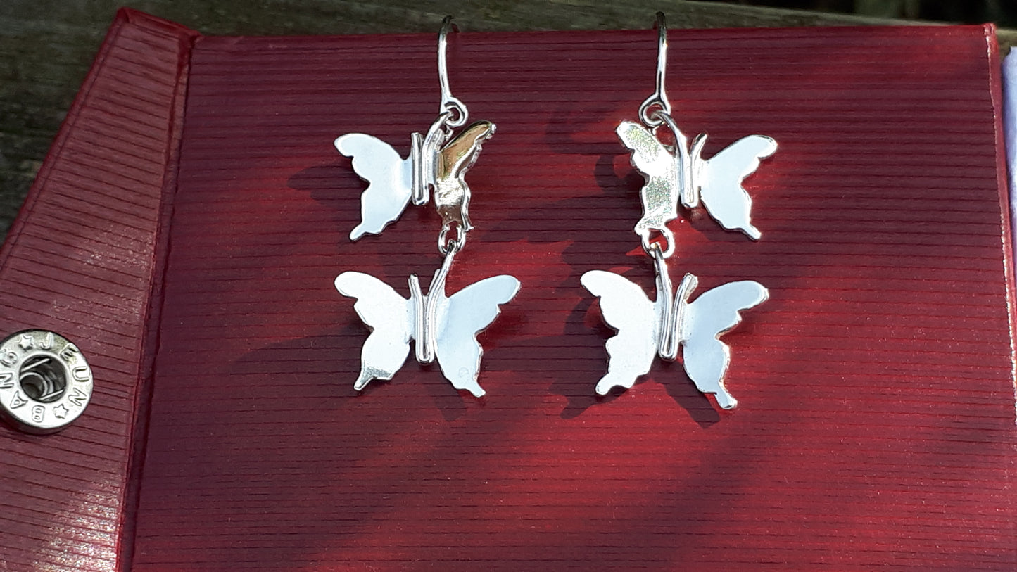 Silver Double Butterfly Dangle Earrings