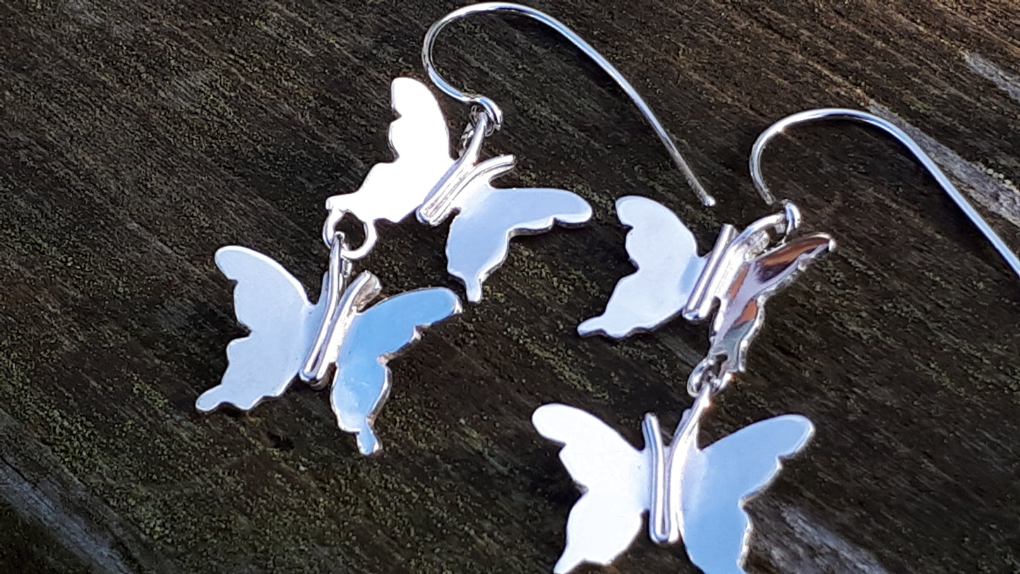 Silver Double Butterfly Dangle Earrings